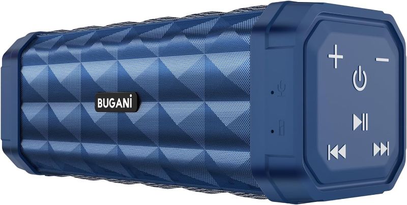 Photo 1 of BUGANI Bluetooth Speaker, Portable Speaker Stereo Sound, IPX5 Waterproof Wireless Speaker, Built-in Microphone 24H Play, 100FT Bluetooth Range, Type-C, Outdoor Speakers Suitable for Home/Travel, Blue