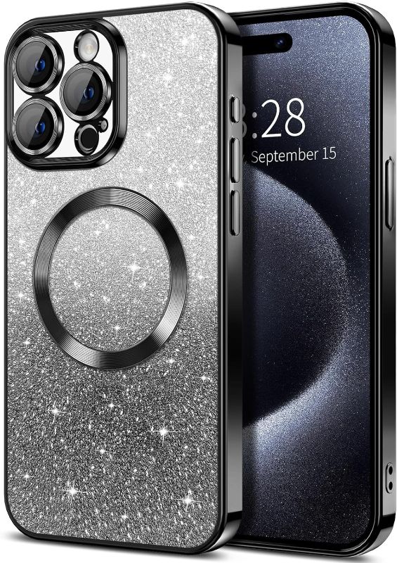 Photo 1 of Hython for iPhone 15 Pro Case Clear Magnetic Glitter Phone Cases [Compatible with MagSafe] Full Camera Lens Protector Slim Gradient Sparkle Luxury Plating Shockproof Protective Cover Women, Black