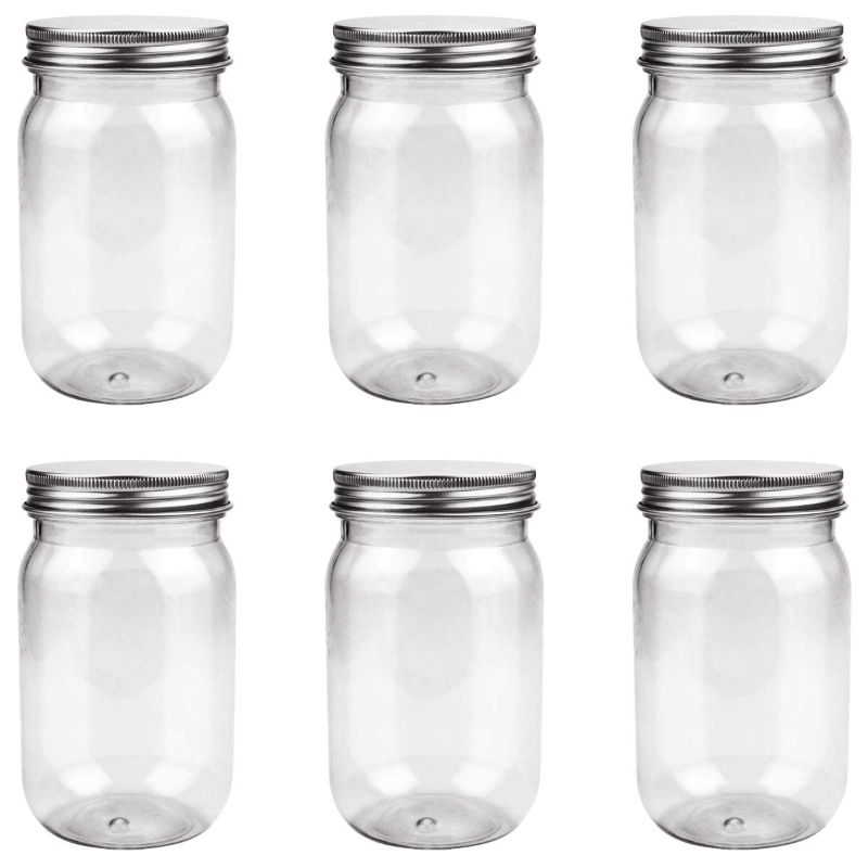 Photo 1 of 6 Pack 16 Ounce Clear Plastic Mason Jars Containers With Screw Sealing Metal Tinplate Lids,Refillable Empty PET Plastic Slime Candy Storage Jars Containers for Home Kitchen Art Craft