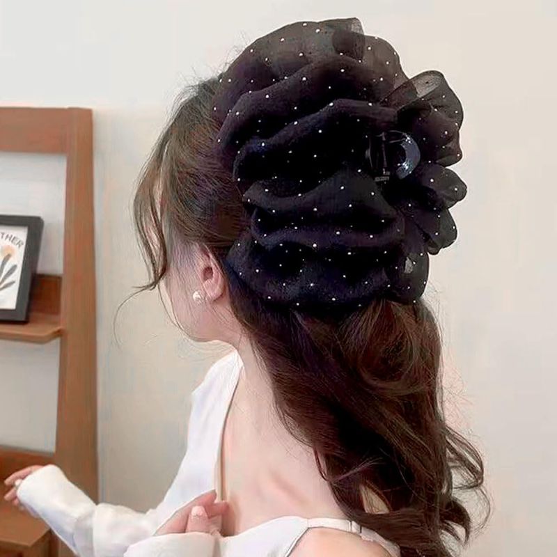 Photo 1 of Black Tulle Mesh Bow Hair Clips, Sweet Cute Pretty Bowknot Large Claw Clips Non Slip Rhinestone Chiffon Silk Bows Hair Clip Strong Hold Solid Color Big Mesh Tulle Claw Clip Hair Accessories for Women