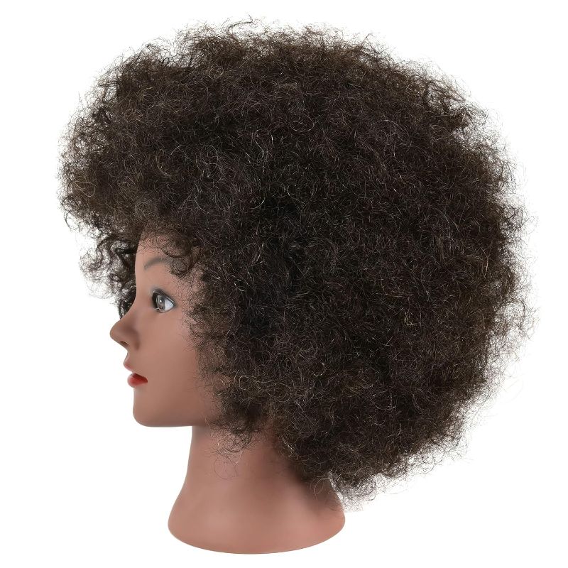 Photo 1 of Kinky Curly Real 100% Human Hair Mannequin Head with Table Clamp Stand for Hairdresser Practice Braiding Styling Manikin Cosmetology Doll Training Head Bleaching Dyeing Curling Cutting Updo