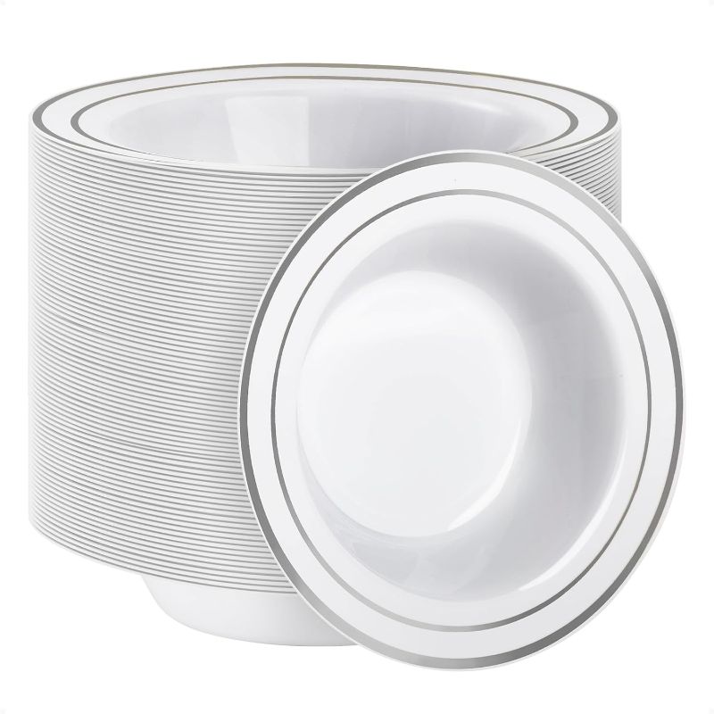 Photo 1 of 100 Pack Plastic Bowls with Silver Rim, 12oz Disposable Soup Bowls, Heavy Duty Dessert Bowls for Weddings, Parties, Dinners, Catering, and Everyday Use
