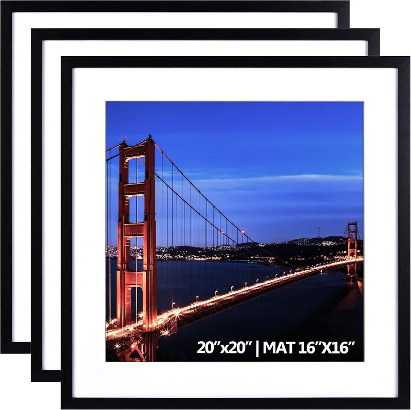 Photo 1 of 20x20 Black Picture Frame Set of 3, Square Photo Frame Displays 16x16 with Mat or 20 x 20 without Mat, Gallery Wall Frame for Wall Mounting (3 Pack, Black)
