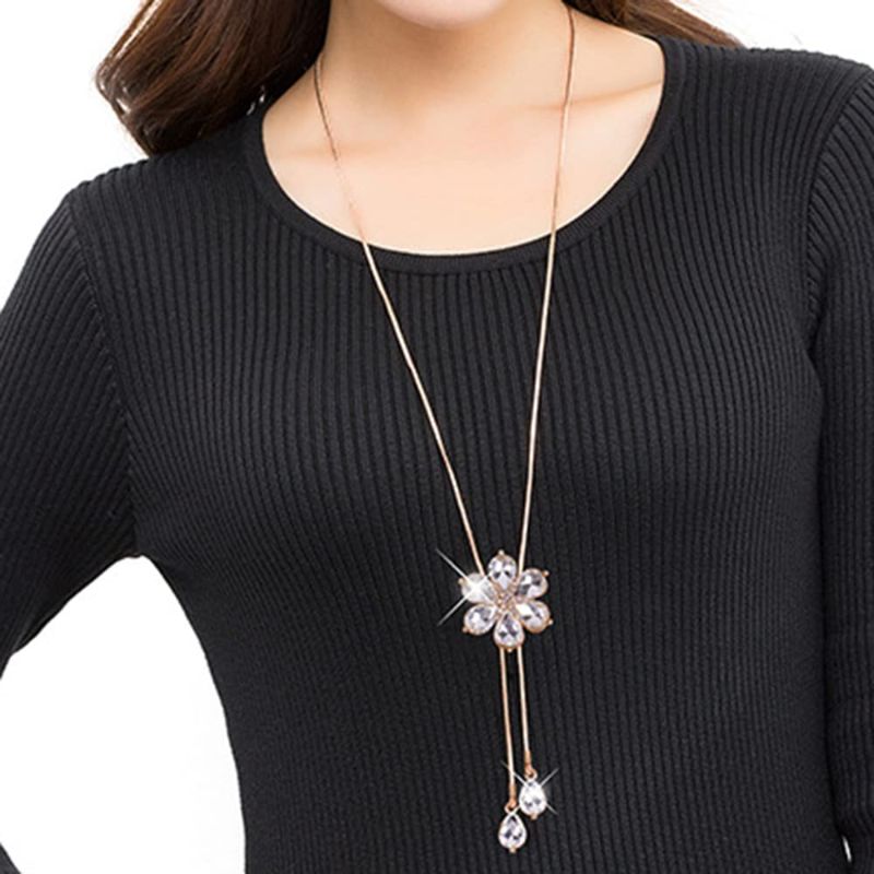 Photo 1 of Chargances Grey Crystal Flower Pendant Necklace Long Sweater Necklace Rhinestone Pendant Y Choker Necklaces Fashion Jewelry for Women Girls (Grey)
