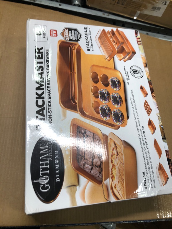 Photo 2 of ***DAMAGED//SOLD AS IS*** 
Gotham Steel Baking Pans Set, 6 Pc Stackable Bakeware Set, Ceramic Coated Nonstick Baking Set, 25% More Space Saving, Long Lasting Nonstick, Heavy Duty, No Warp, Even Heating, 100% Toxin Free 6 Piece