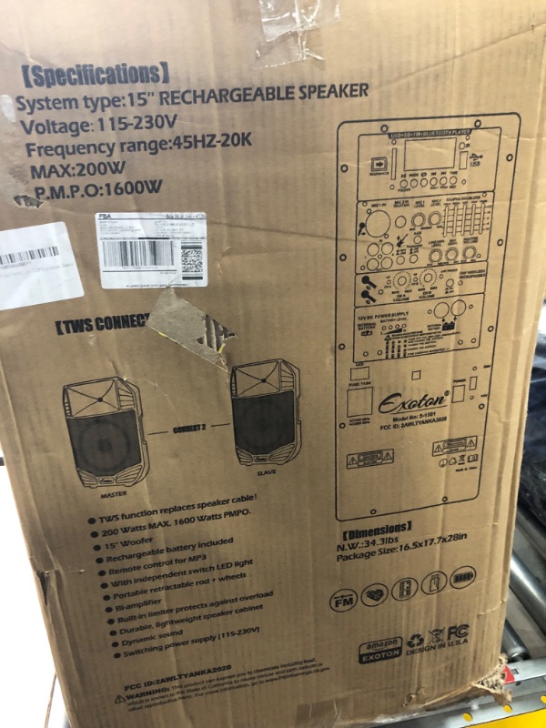 Photo 2 of ***FOR PARTS ONLY***  

S-1501 15 inch Portable Wireless PA Speaker System - 1600W Active Powered Bluetooth Compatible Speaker, Rechargeable Battery, Easy Carry Wheels, USB MP3 RCA, FM Radio, 2 UHF Microphone, Remote