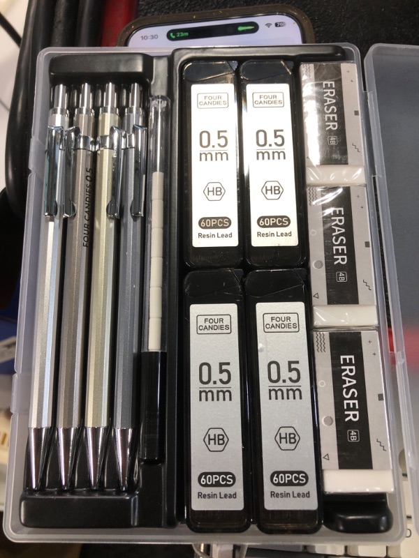 Photo 2 of Four Candies 0.5mm Mechanical Pencil Set with Case - 4PCS Metal Mechanical Pencils, 8 Tubes HB #2 Lead Refills, 3PCS 4B Erasers and 9PCS Eraser Refills, Lead Mechanical Pencils for Writing & Drawing