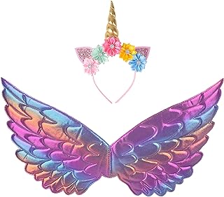 Photo 1 of 1 Set Unicorn Wings Nativity Costumes for Performance Horn Headband Angel Wing and Hair Hoop Fairy Wing Performance Clothes Christmas Costume Princess Costumes Gift Golden Medium