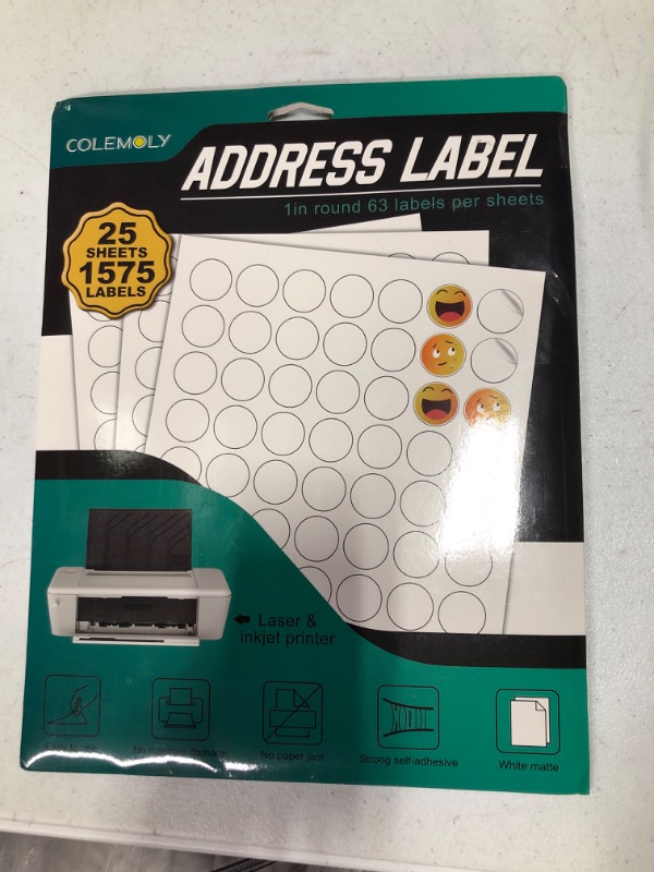Photo 1 of Colemoly Sticker Labels 1" Round 63-UP for Laser & Inkjet Printers-25 Sheets Totaling 1575 Blank Address Labels Matte White Sticker Paper for Organization, Labeling, and Branding 1" Round(63-UP) 25sheets-1575labels