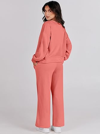 Photo 1 of Caracilia Women's Two Piece Outfits Matching Sets Long Sleeve Pullover Tops and Wide Leg Pants Tracksuit Lounge Sets Medium