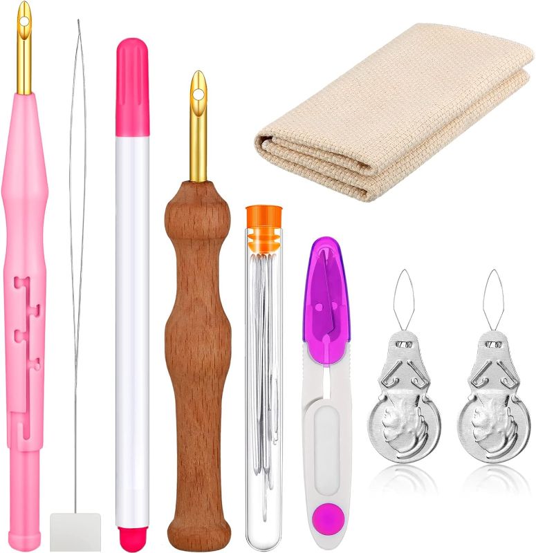 Photo 1 of 17 Piece Punch Needle Embroidery Kits Adjustable Rug Yarn Punch Needle Wooden Handle Embroidery Pen Needle Threader Punch Needle Cloth for Embroidery Floss Cross Stitching Beginner (Pink, Purple)
