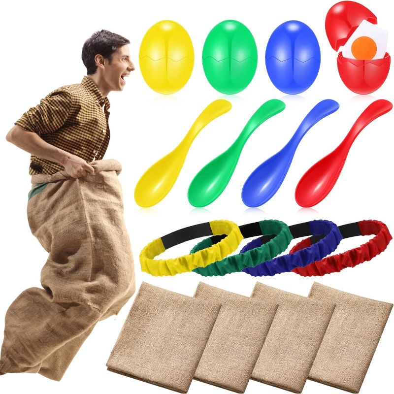 Photo 1 of 12 Pieces Potato Sack Race Bags Outdoor Lawn Games with Egg and Spoon Race Games, 3 Legged Relay Race Bands Carnival Games Outside Backyard Field Day Birthday Party Games for Teens, Adults, Family
