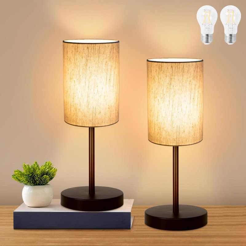 Photo 1 of 2 Pack Small Table Lamps for Bedroom, Bedside Lamps for Nightstand with Wire Switch, Minimalist Modern Desk Lamps with Linen Fabric Shade for Kids Room Living Room Office Dorm, Bulb Included
