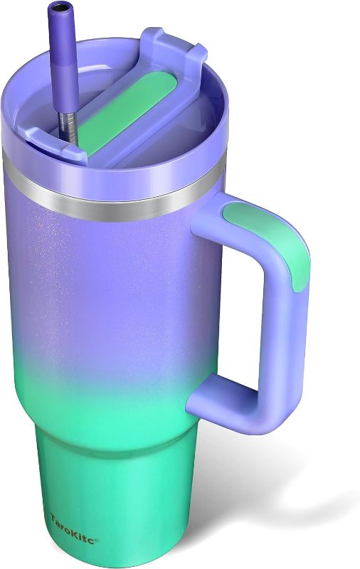 Photo 1 of 40 oz Tumbler with Handle, Upgraded Insluated Stainless Steel Lid and Straw, Double Wall Travel Coffee Mug Iced Cup, Keeps Cold for 34 Hours, Dishwasher Safe, BPA Free, Fairyland Green
