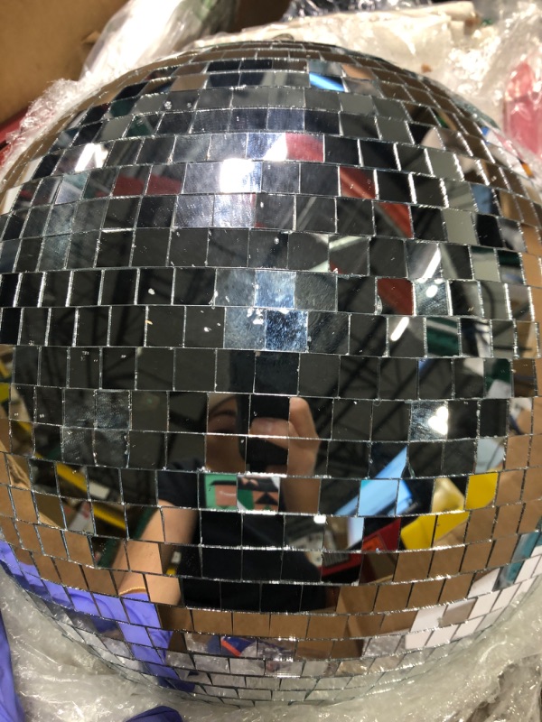 Photo 2 of 1 Pack Large Disco Ball Silver Hanging Mirror Disco Ball Reflective Mirror Disco Ball Ornament for Party Holiday Wedding Dance Music Festivals Decor Club Stage Props DJ Decoration (8 Inch, 12 Inch)