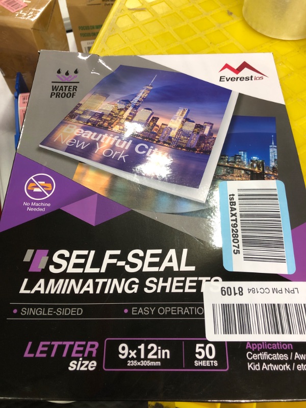 Photo 2 of Everest Self Adhesive Laminating Sheets, Single Sided, Waterproof, Non-Toxic Material, PVC Free, 9 x 12 Inches, Letter Size (50)