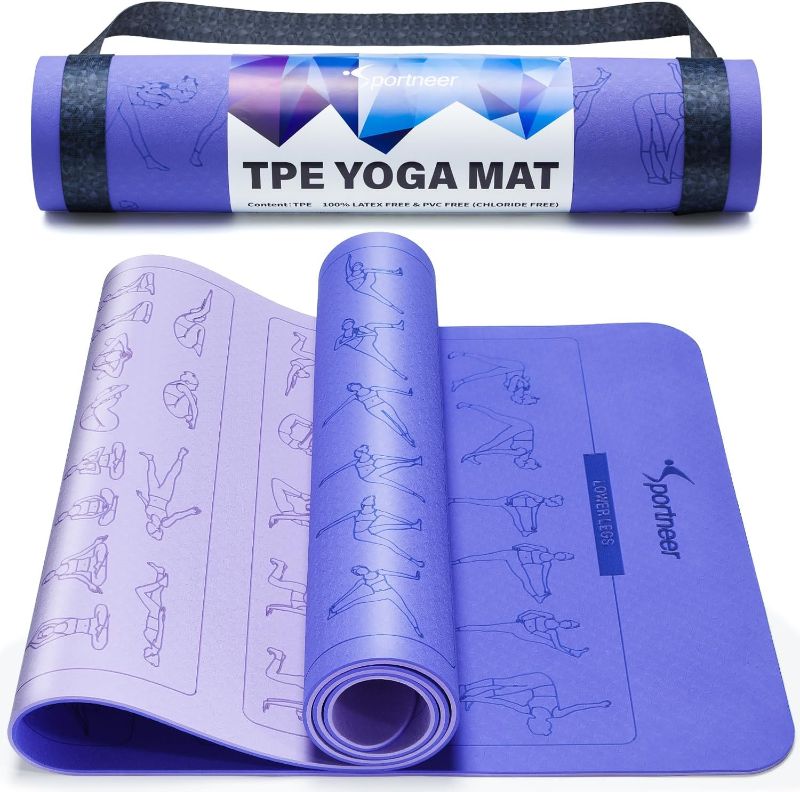 Photo 1 of Sportneer Instructional Yoga Mats with 150 Fade-proof Poses Printed on It - 24" Wide x 72" Long Double-Sided Non Slip TPE Eco-Friendly Workout Mat - 6mm Thick Exercise Mat with Carrying Strap
