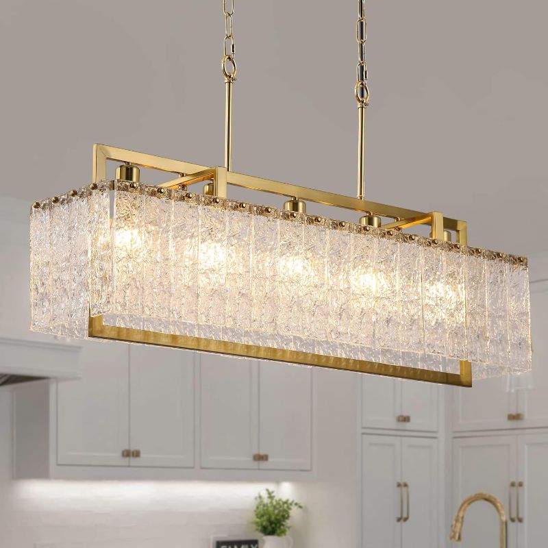 Photo 1 of ***MISSING PIECES//SOLD AS PARTS*** 
KINGTORO Gold Crystal Chandeliers Modern Luxury Rectangular Pendant Chandelier with Water Ripple Crystal Design | Adjustable Chain Length | 35.4 inches | Plated Surface Finish Gold-Square 35.4