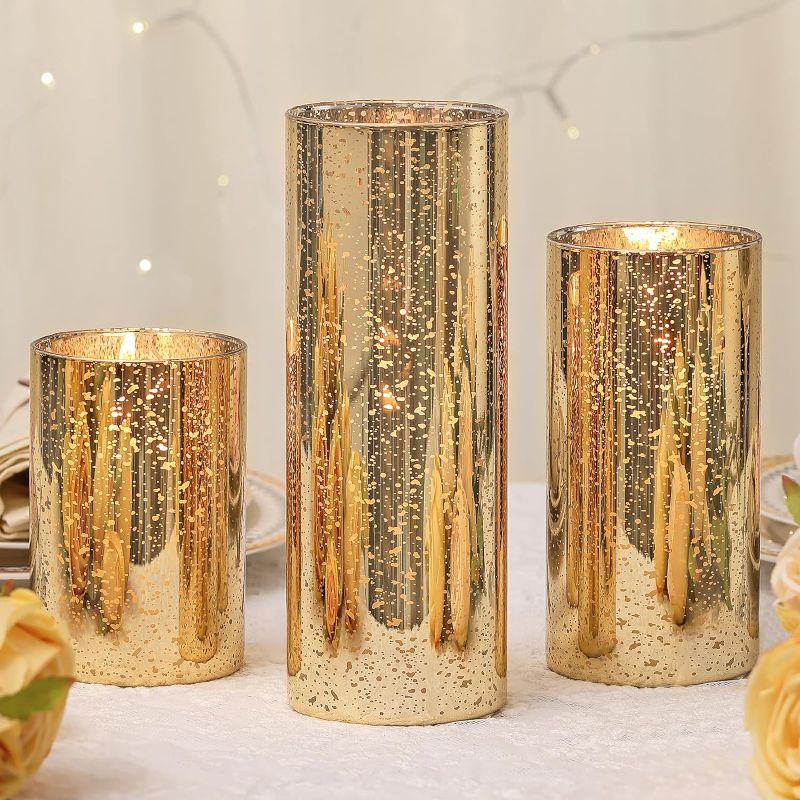 Photo 1 of 3pcs Gold Cylinder Vase Candle Holders(D:2.95''), Gold Vase for Party Decorations, Mercury Glass Vase Hurricane Candle Holder for Floating Candles, Gold Wedding Christmas Table Decorations
