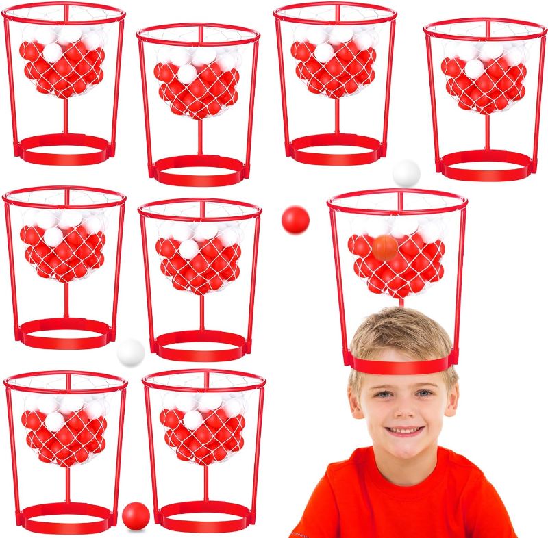 Photo 1 of 6 Pcs Head Hoop Basketball Party Game Set for Kids and Adults Portable Adjustable Basket Net Headband with Balls for Birthday Carnival Christmas Office Indoor Outdoor Activity (Red)