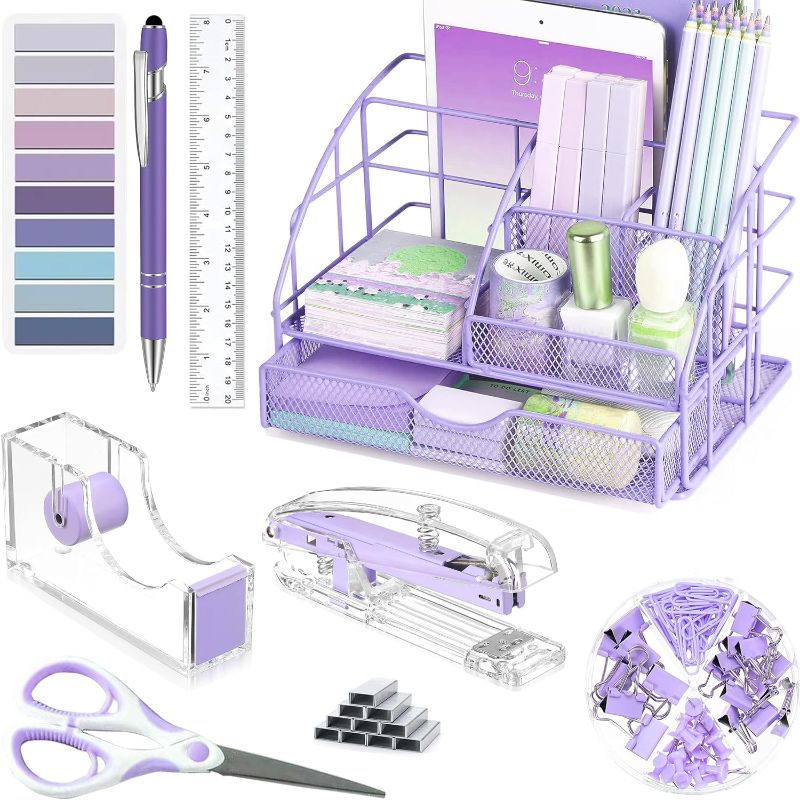 Photo 1 of Purple Desk Organizers and Accessories, Purple Office Supplies with Mesh Desk Organizer, Acrylic Tape Dispenser and Stapler, Staples, Ballpoint Pen, Clips Set, Ruler, Scissor, Sticky Labels
