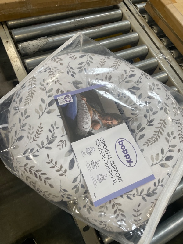 Photo 1 of Boppy Original Support Nursing Pillow, Gray Taupe Leaves, Ergonomic Breastfeeding, Bottle Feeding, and Bonding, Firm Hypoallergenic Fiber Fill, Removable Cover, Machine Washable