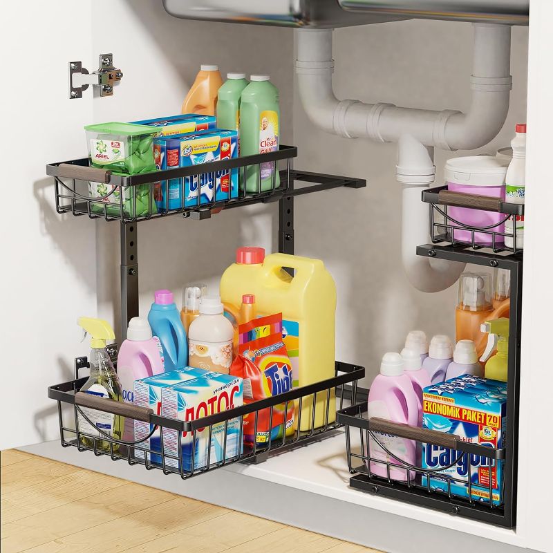 Photo 1 of 1 Pack Under Sink Organizer, 2-Tier Metal Under Kitchen Sink Organizers and Storage with 2 Sliding Baskets, Height Adjustable Pull-Out Cabinet Organizer Rack for Storage Under Bathroom Sink
