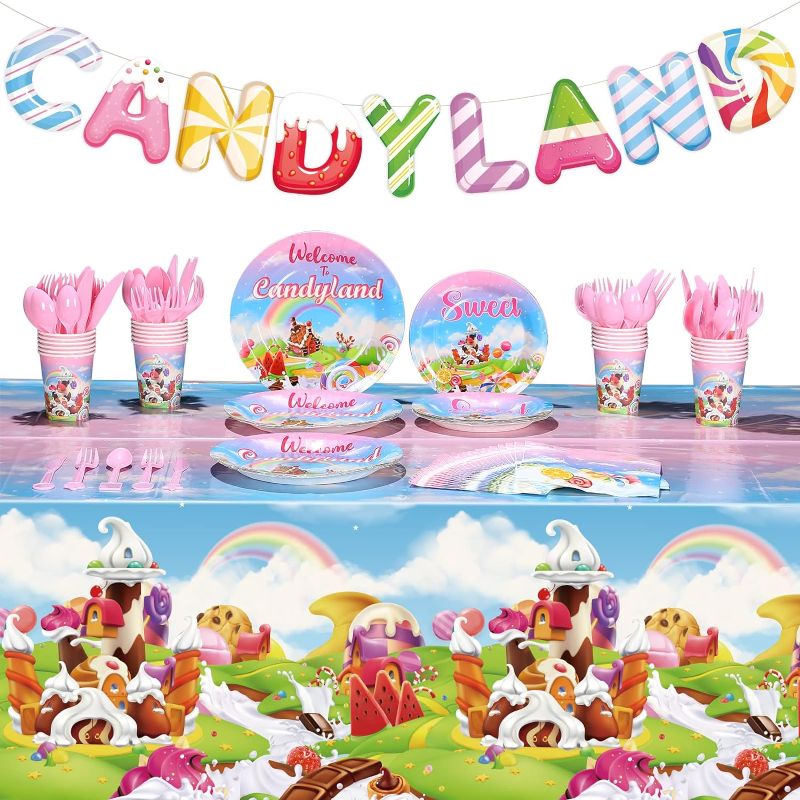 Photo 1 of 171PCS Candyland Donut Party Supplies for 24 Guest Candy Land Party Tableware Includes Disposable Plates Napkins Cups Banner Tablecloth Knife Fork Spoons Donut Grow up Birthday Decorations
