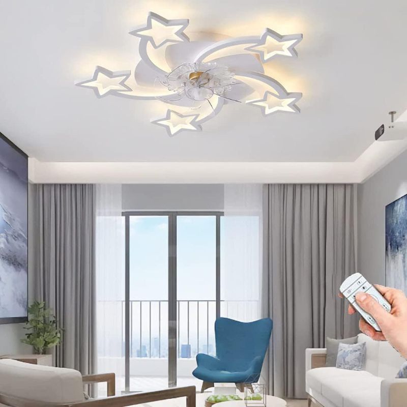 Photo 1 of  Ceiling Fan with Lights, Modern Remote Control Dimming Star Shape Led Flush Mount Ceiling Fan Lamp 6 Gear Wind Speed Quiet Fan Light Fixture for Living Room Bedroom, 29in/White /60W
