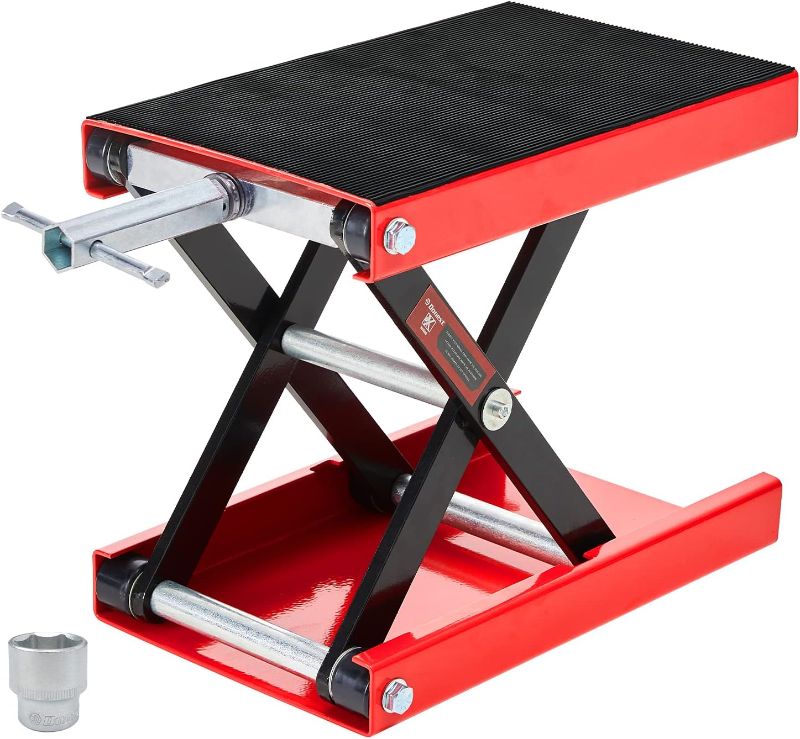 Photo 1 of  Motorcycle Lift Scissor Jack, 1200 LB Capacity Wide Deck Hoist Stand Maintenance Bikes ATVs Garage Repair Center Stand Lift Jack, Red
