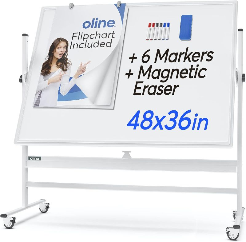 Photo 1 of Oline Mobile Whiteboard 48 x 36" Inch Large Height Adjust 360° Magnetic Rolling Double Sided Reversible Dry Erase Board (48x36, White & Silver)
