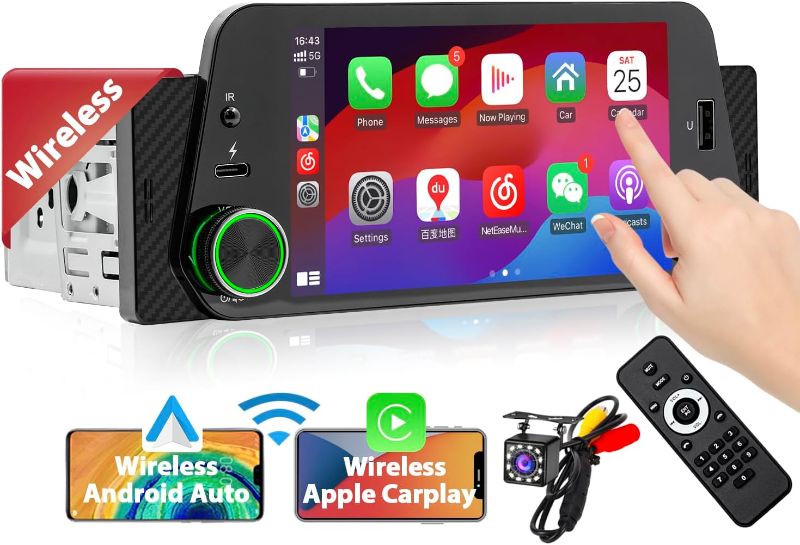 Photo 1 of [Wireless] 300PPI Ultra-Clear Single Din Car Stereo with Wireless Apple CarPlay/Android Auto, Touchscreen Radio with USB Type-C Fast Charge, Bluetooth Handsfree, Waterproof Backup Camera, MirrorLink