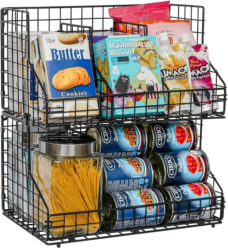 Photo 1 of  Stackable Wire Baskets for Pantry Organizers and Storage, 2 Pack Snack Organizer Baskets with 4 Removable Dividers, Upgraded Pantry Storage Bins for Snack Canned Spice Food 2-tier Black