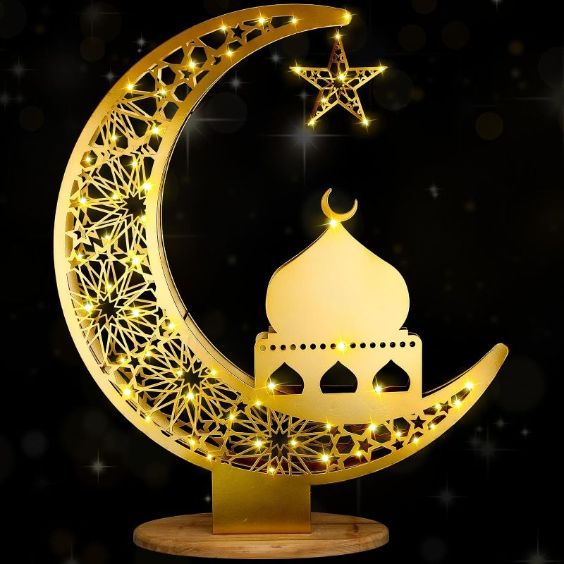 Photo 2 of 27.56 Inch Ramadan Moon Decoration, Large Eid Metal Moon Star LED Light Ramadan Mubarak Decor, Crescent Decoration with String Light Ramadan Decorative Lamp for Islamic Home Table Decor
