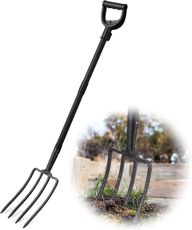 Photo 1 of 50 inch Pitchfork - 4-Tine Spading Fork with D Grisp Handle - Metal Garden Fork for Rooting? Loosening The Soil and Digging
