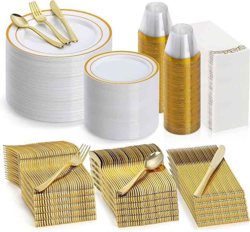 Photo 1 of 560pcs Gold Dinnerware Set for 80 Guest, Includes Plastic Plates, Salad Plates, Gold Silverware Set, Plastic Cups and Linen Like Paper Napkins - Disposable Cutlery Set for Party Wedding Birthday
