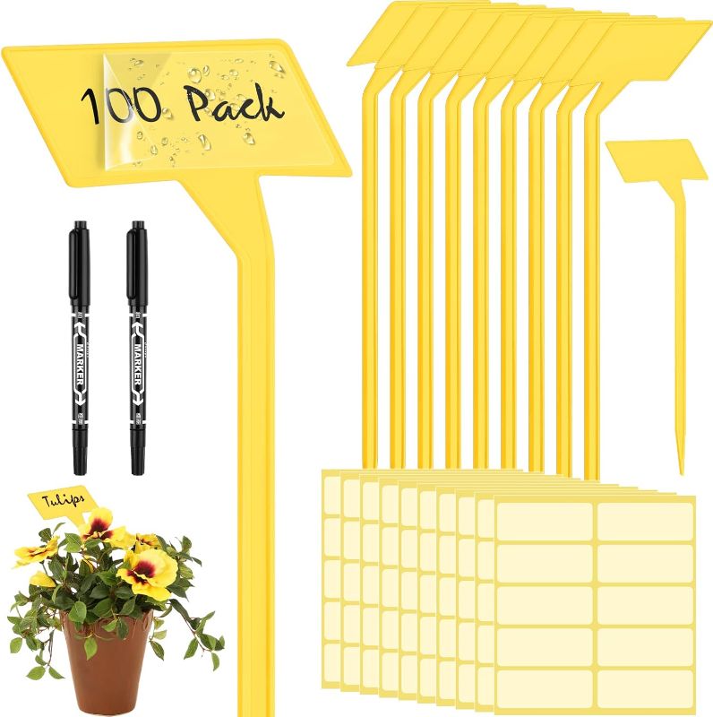 Photo 1 of 202 Pcs Large Plant Labels Kit, Include 100 Outdoor Plastic Plant T Type Tags Waterproof Reusable Plant Markers Stakes, 100 PET Films and 2 Marker Pens for Garden Herbs Flowers Pot (Yellow, 11.8 Inch)
