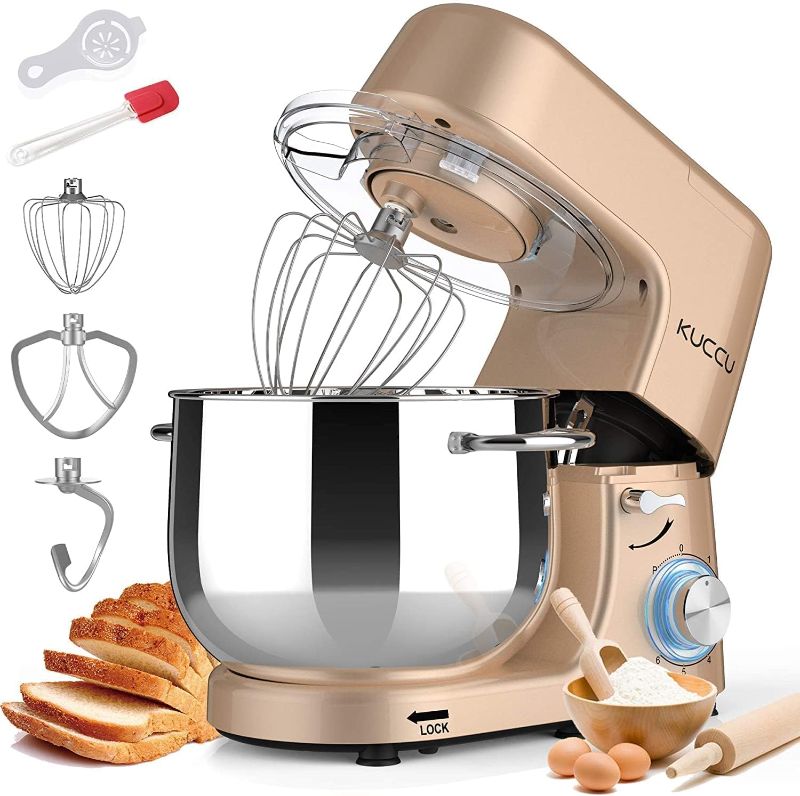 Photo 1 of 8.5 QT Double Handle KUCCU Stand Mixer, 6 Speed with Pulse Electric Kitchen Mixer, 660W Tilt-Head Food Mixer with Dishwasher-Safe Dough Hook, Flat Beater, Whisk, Splash Guard for home baking (Gold)
