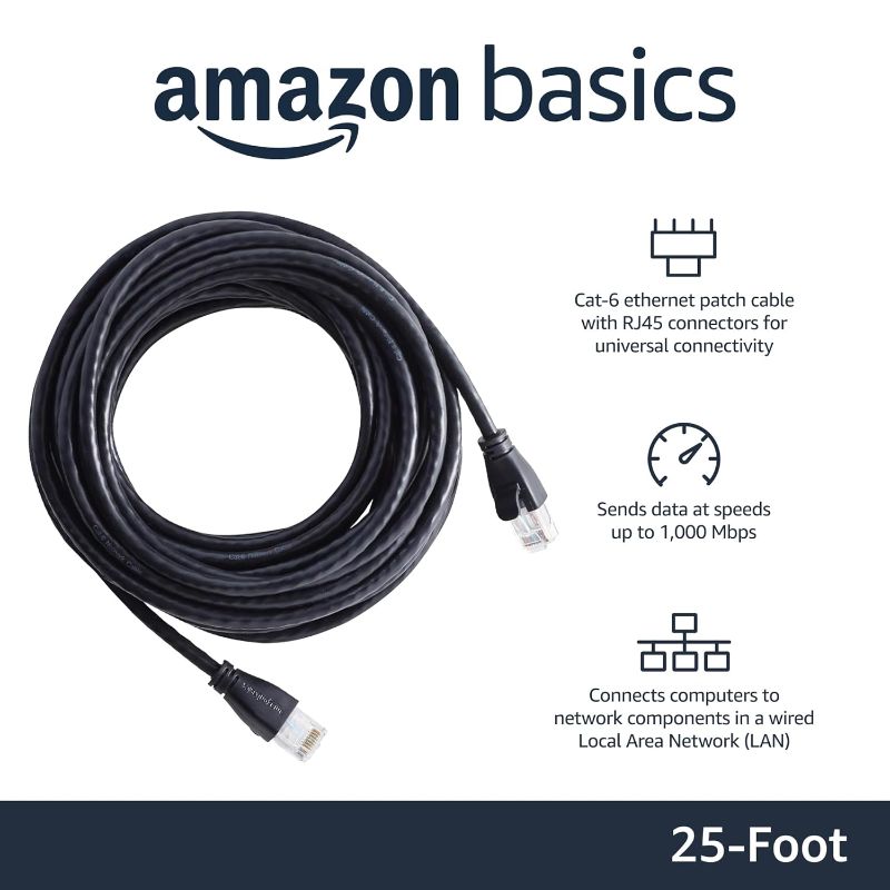 Photo 1 of Amazon Basics RJ45 Cat 6 Ethernet Patch Cable, 1Gpbs Transfer Speed, Gold-Plated Connectors, 25 Foot - 10-Pack, Black
