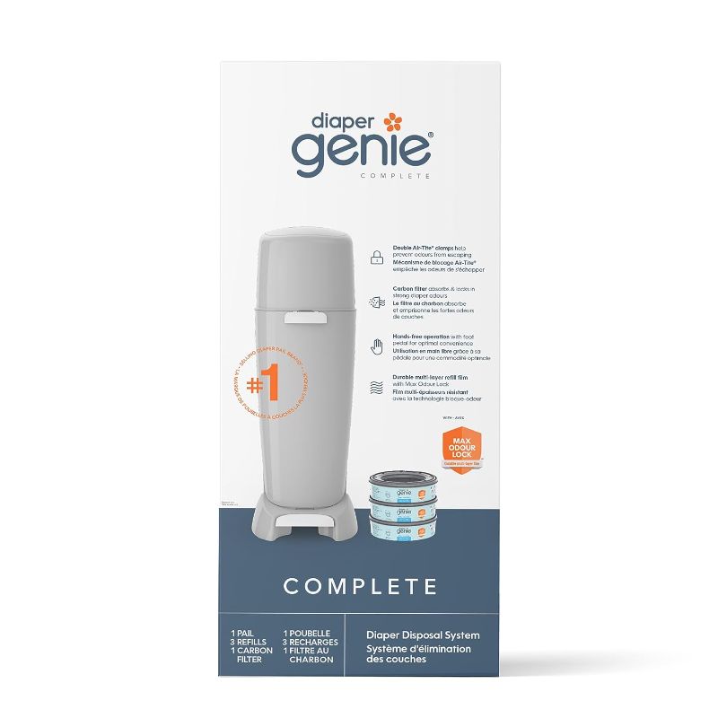 Photo 1 of Diaper Genie Complete Diaper Pail (Grey) with Odor Control | Includes 1 Diaper Trash Can, 3 Refill Bags, 1 Carbon Filter, 4 Piece Set
