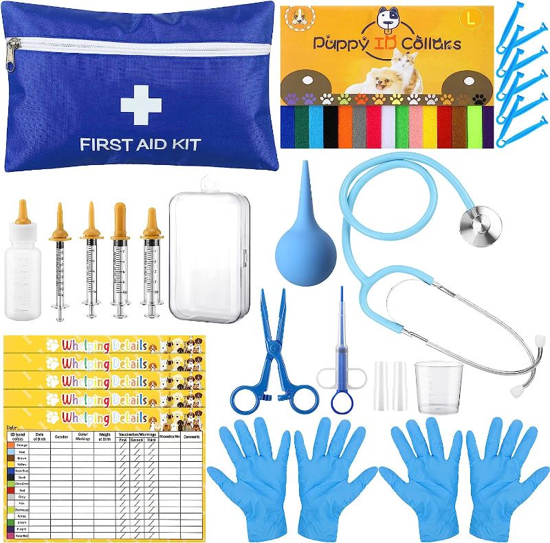 Photo 1 of 48 Pcs Puppy Kitten Whelping Kit Include 4 Puppy Feeding Tube, 6 Record Keeping Charts, 15 Puppy Whelping Collars, 15 Cord Clamps, 2 Gloves, Bulb Aspirator, Syringe, Bottle, Scissors, Stethoscope, Bag
