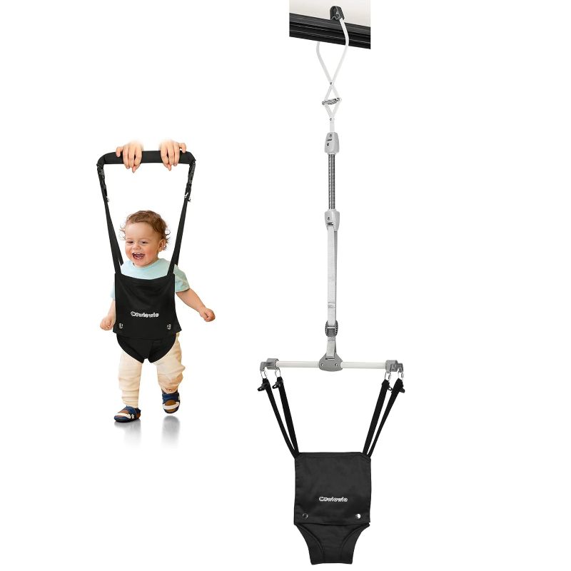 Photo 1 of Cowiewie 2 in 1 Baby Door Jumper w/Baby Walking Harness Function, Baby Jumper with Door Clamp Adjustable Strap and Seat (Black)
