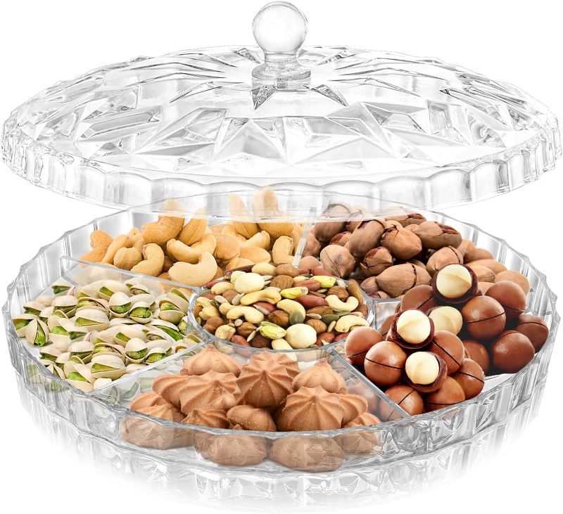 Photo 1 of 12 Inch Snack Serving Tray with Lid, Plastic Divided Appetizer Tray 6 Compartments Round Food Tray for Dried Fruits, Candy, Nuts, Cookies, Treats
