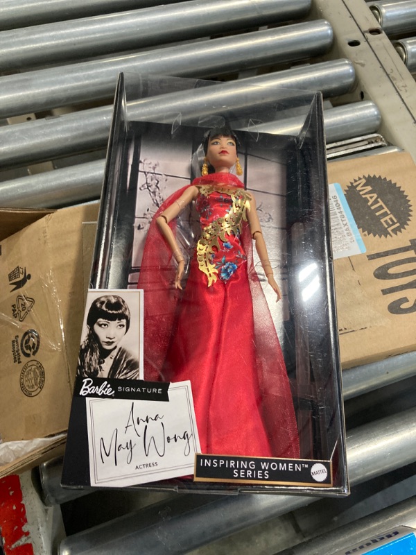 Photo 3 of Barbie Inspiring Women Doll, Anna May Wong Collectible Dressed in Red Gown with Golden Dragon Design
