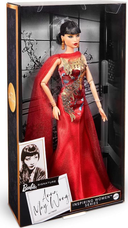 Photo 1 of Barbie Inspiring Women Doll, Anna May Wong Collectible Dressed in Red Gown with Golden Dragon Design
