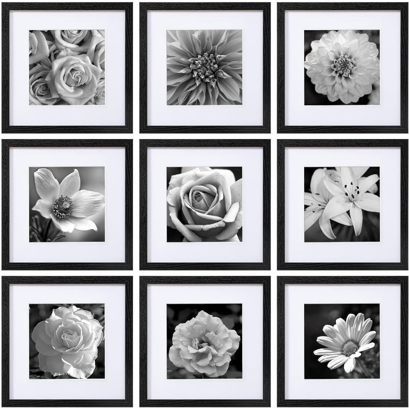 Photo 1 of 13x113 Picture Frames Set of 9 Classic Gallery Wall Frame Set Displays Photo with Mat or 13x13 without Mat, Square Collage Wall Decor, Black Modern Home Decor for Hanging