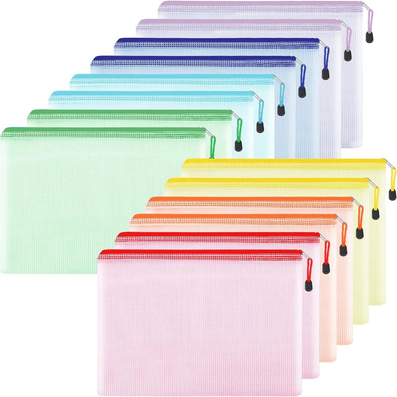 Photo 1 of EOOUT 14pcs Mesh Zipper Pouch Zipper Bags, 11x16 Inches Large Storage Bags for Organizing, 7 Colors Puzzle Bag Zipper File Bags for Office Supplies