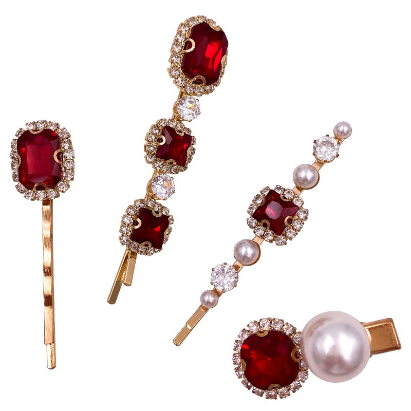 Photo 1 of 4PCS Vintage Ruby Red Crystal Pearl Gold Bobby Pins Decorative Hair Slides Clips Accessories Women