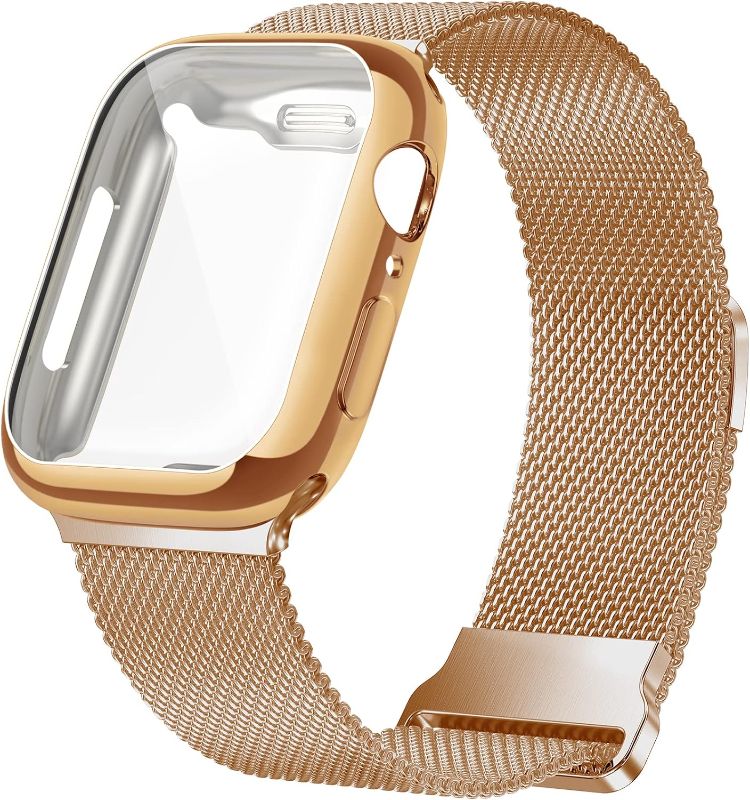 Photo 1 of Geoumy Metal Magnetic Bands Compatible for Apple Watch Band 38mm with Case, Stainless Steel Milanese Mesh Loop Replacement Strap Compatible with iWatch Series 8/7/6/5/4/3/2/1 SE Women Men,Brown Gold