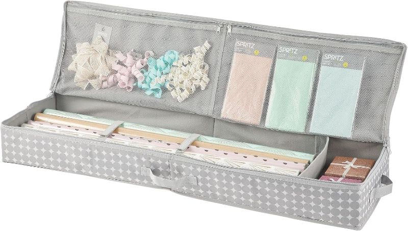 Photo 2 of mDesign Soft Fabric Gift Wrap Underbed Organizer - Low Profile, Attached 2-Way Zippered Lid, Side Handles, 2 Pockets, Inside Straps, Stores Long Rolls of Gift Wrap - Gray